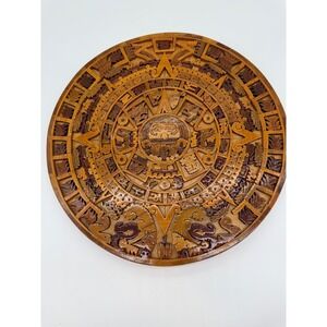 Handcrafted Aztec Sun Stone Wood Inlay Calendar Wall Art Mexico 11.5"
